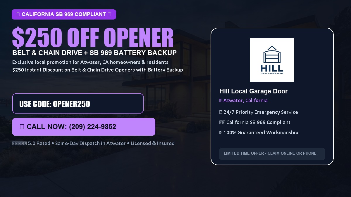 $250 OFF Smart Garage Door Opener Installation (Belt & Chain Drive with California SB 969 Battery Backup) in Atwater, CA