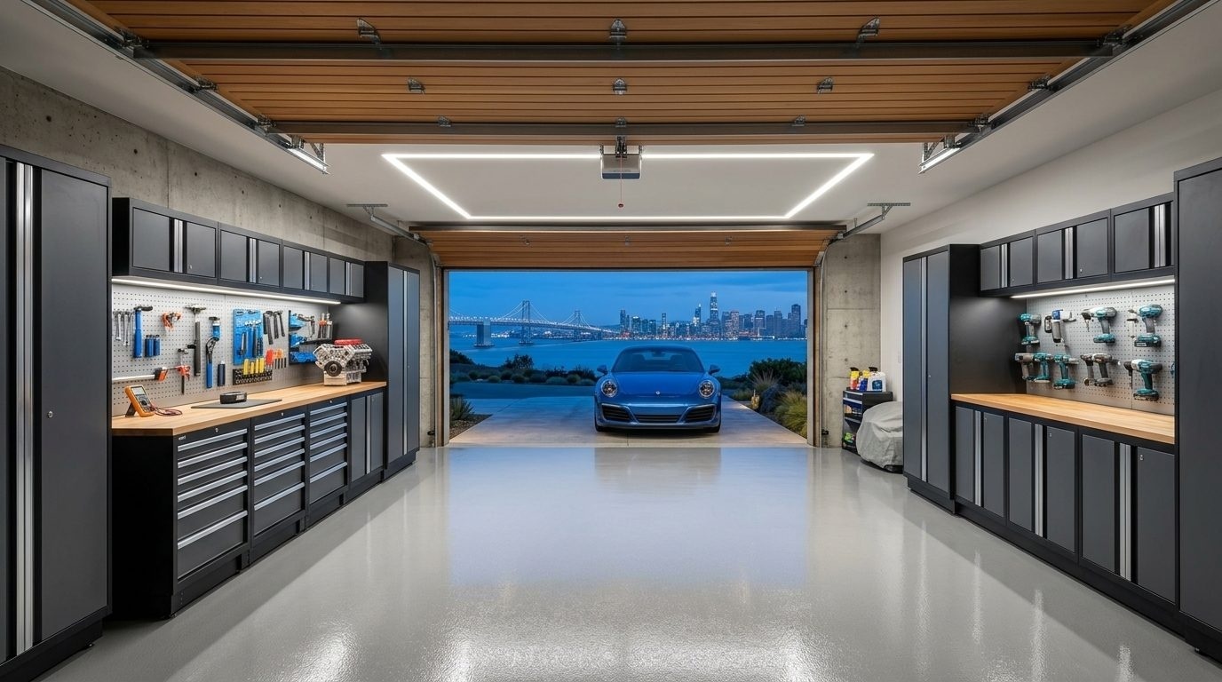 Hill Local Garage Door Interior View of Custom Garage Door Overhead and Workshop